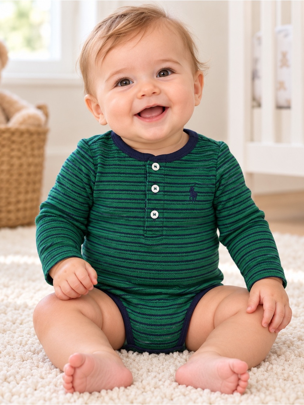 Ralph Lauren Baby Boys Green Navy Striped Long Sleeve Bodysuit 9M